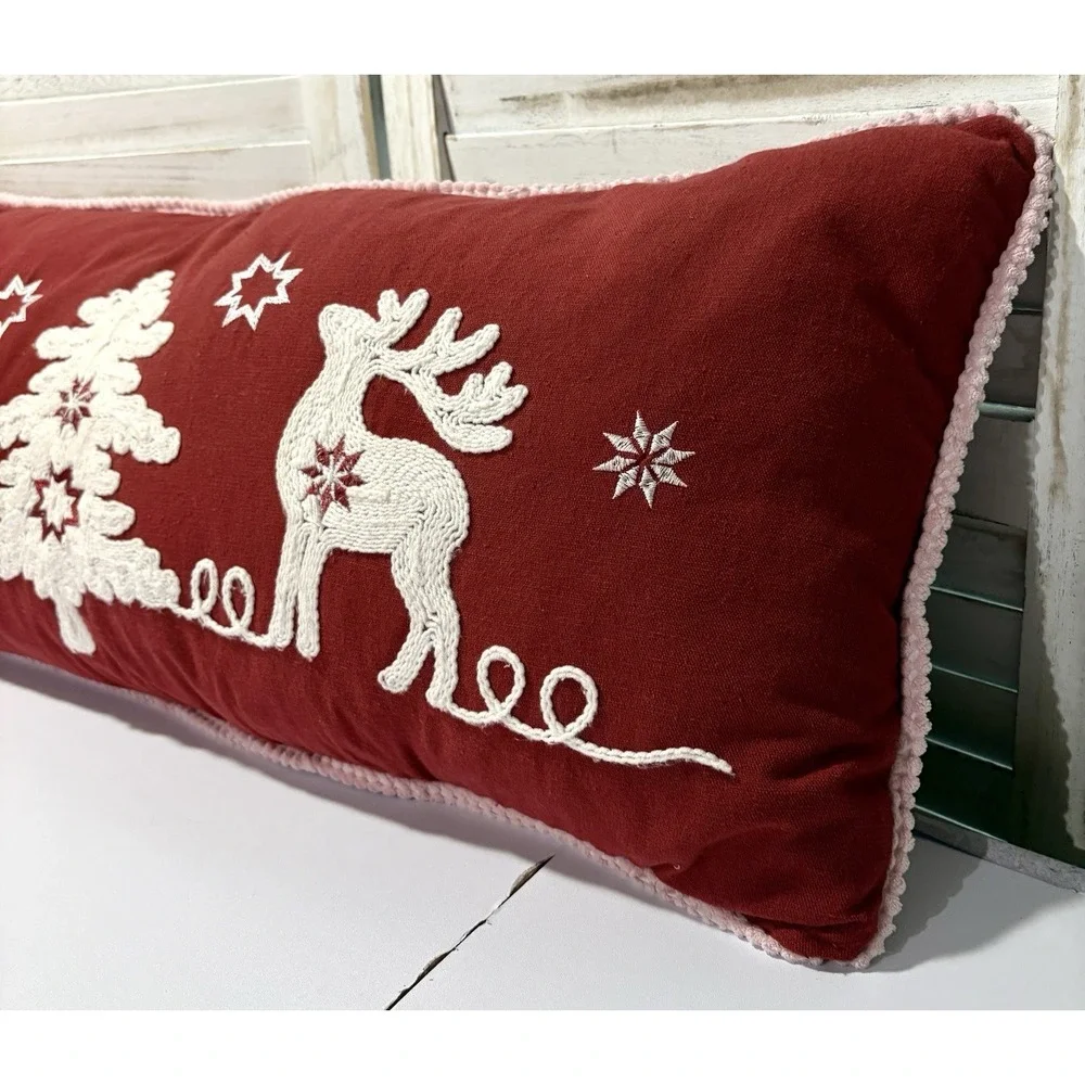 Secret Celebrity Christmas Tree Reindeers Red White Embroidered 14x32 Pillow